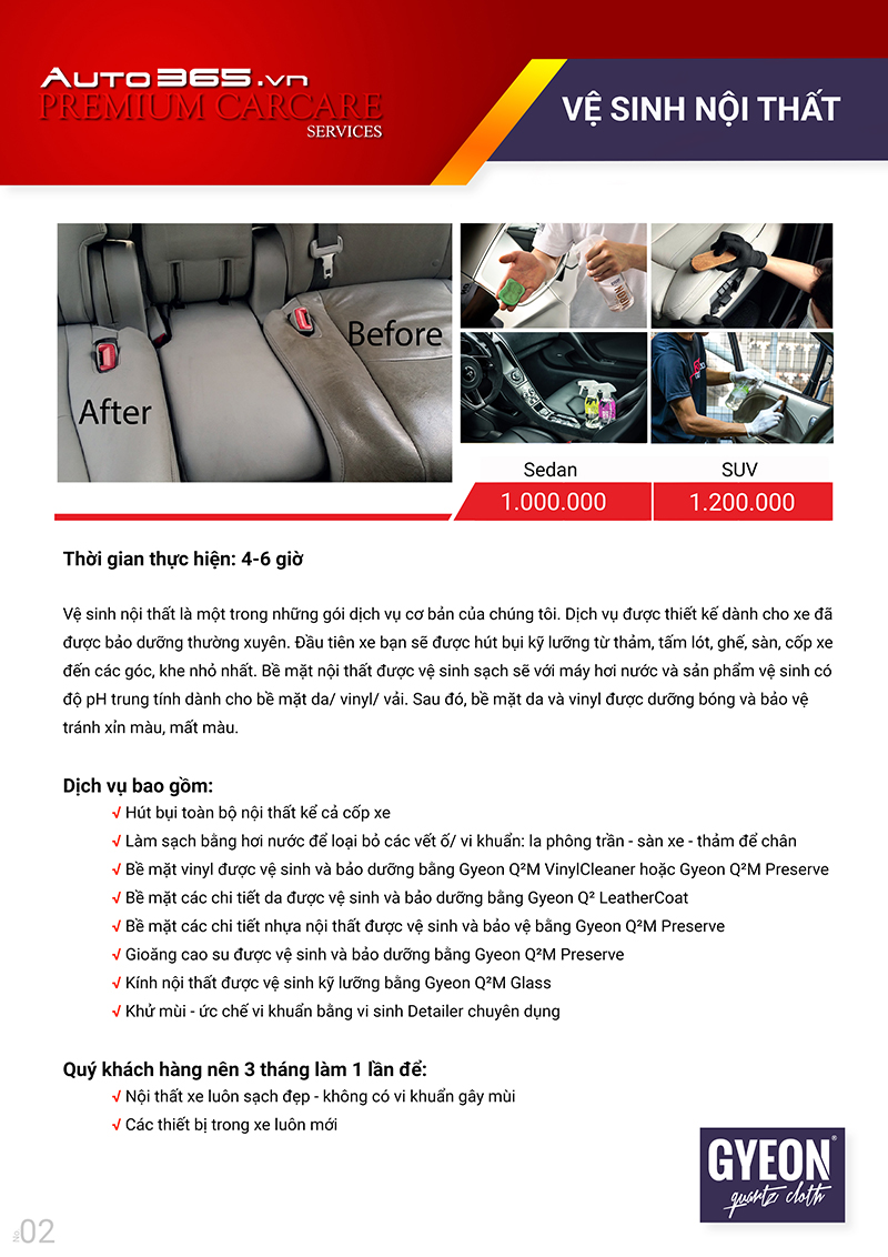 Bảng giá VỆ SINH NỘI THẤT chăm sóc xe hơi chuyên nghiệp tại Auto365